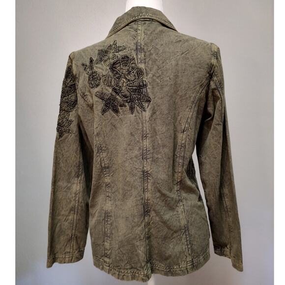 Coldwater Creek Olive Green Embroidered Denim Two Button Jacket Size 10 Pockets - Picture 2 of 10